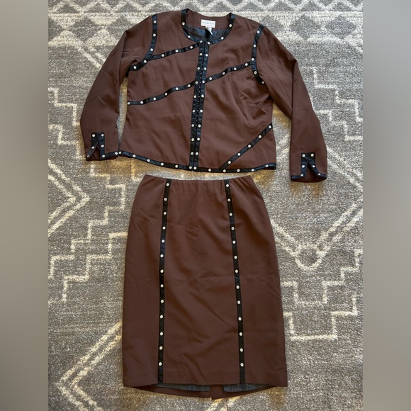 Victor Costa Occasion Brown Jacket Black Lined Studs Detail Sz L - Picture 1 of 14